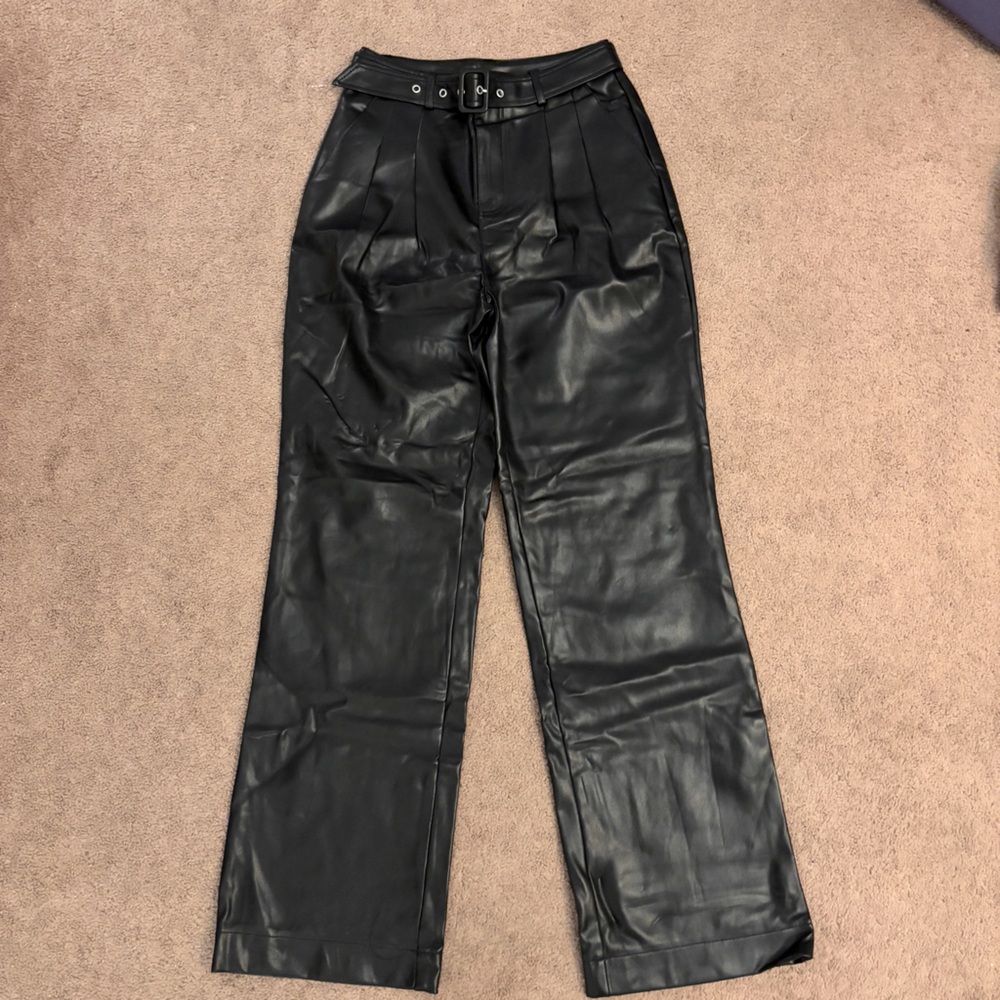 7 For All Mankind Black Faux Leather Wide-Leg Pants with Belt Detail